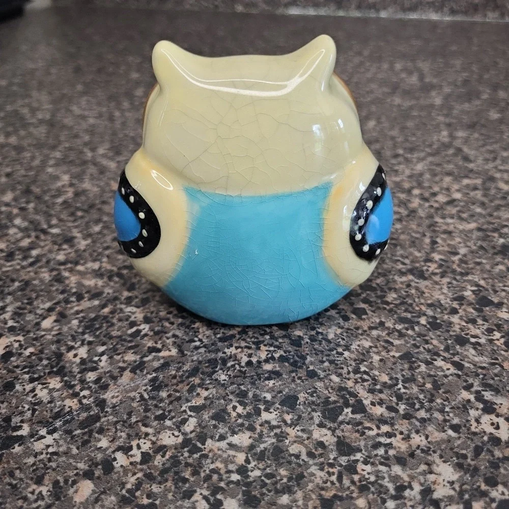 VINTAGE Big Eye Owl Figurine Blue Eyes Ceramic Retro 1970s Kitsch Owl Decor